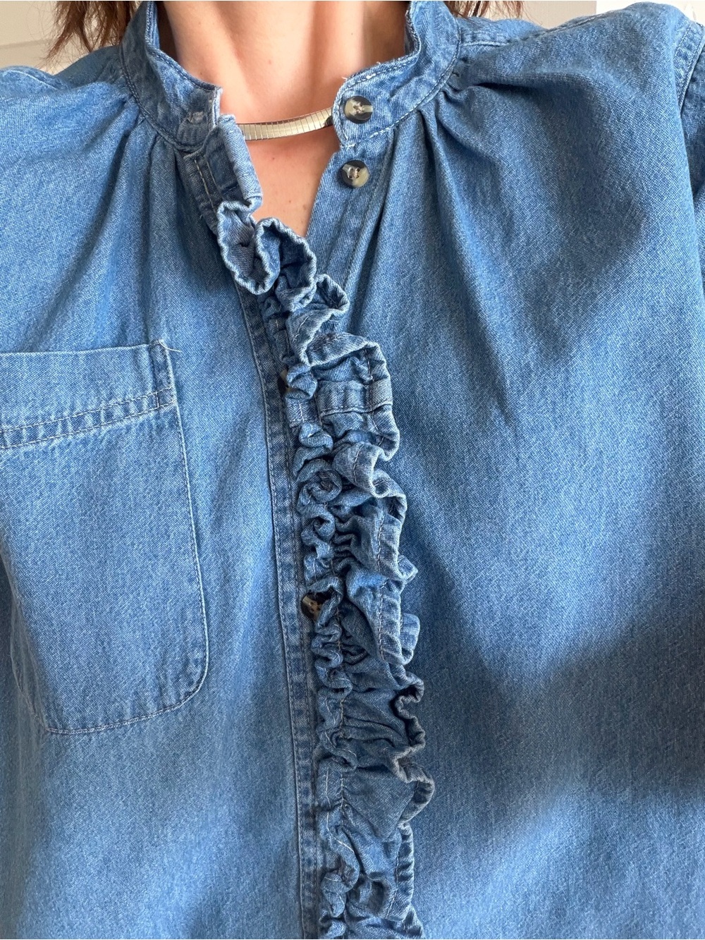 KMJ "CORI" Denim vertical Ruffle Button-Down Shirt - Light Blue - Picture 9 of 15